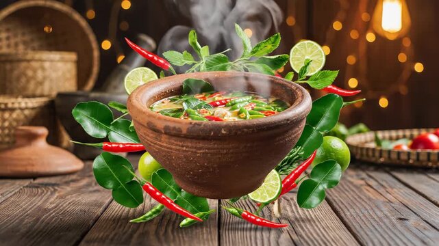 Spicy Thai soup steaming in a rustic clay bowl. Fresh chilies, lime, and kaffir leaves float around. Delicious Asian cuisine on a wooden table.