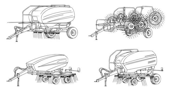 Collection of agricultural baler machine illustrations, showcasing different models and their components for farming operations