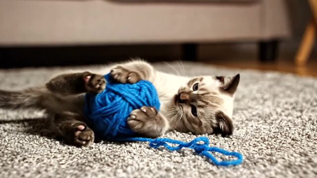 Playful cat lying on carpet with blue yarn ball.