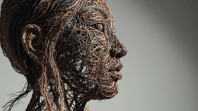 A woman's face profile made of metal wires on gray background