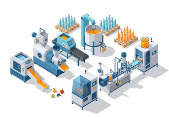Obraz premium Automated industrial production line for fruit juice and beverage manufacturing isometric illustration