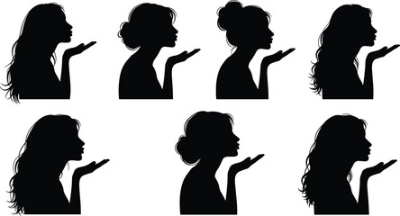Set of Black Silhouette Profile Portraits of Beautiful Women Blowing Kisses, Female Side View with Various Hairstyles Isolated on White. © OMAR Creations