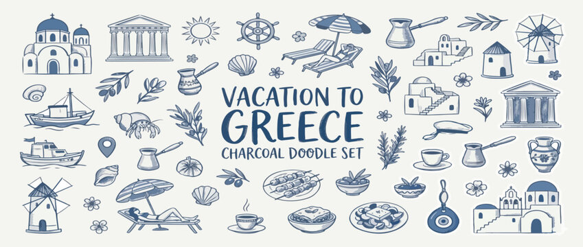 Greek summer vacation doodle charcoal style illustration set. Ink grunge hand drawn Greece coastal sea life, architecture, food, fishing boat. Sea weekend line art for invitations, cards, wedding.