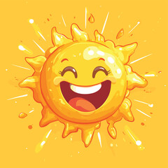 Smiling sun character with wide happy grin bursting with bright yellow rays radiating cheerful energy and optimistic vibes for summer vacation or joyful celebration graphic design