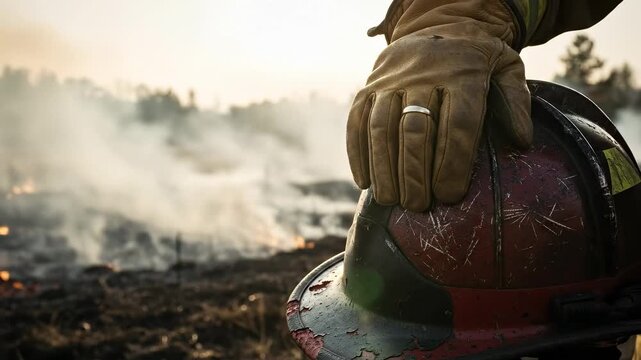 Wildland firefighter resting gloved hand on red helmet after battling brush fire at sunset