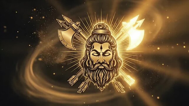 Sacred warrior sage Parshuram holding divine axe symbol with glowing spiritual aura celebrating Parshuram Jayanti hindu mythology animated motion video footage