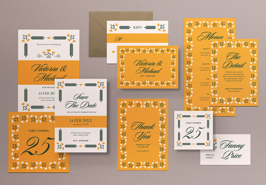 Yellow And Beige Elemental Folk Wedding Invitation Set