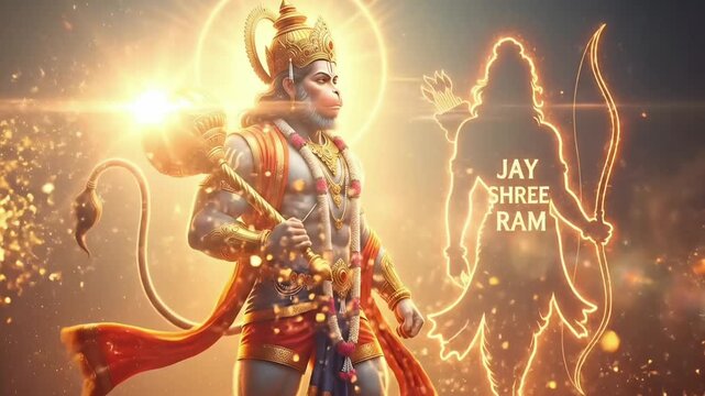 Divine lord Hanuman holding sacred gada with glowing Rama silhouette and Jay Shree Ram devotion aura celebrating Hanuman Jayanti hindu spiritual motion video animation footage