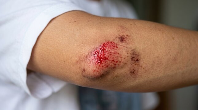 Scraped elbow wound with blood and bruising close up injury
