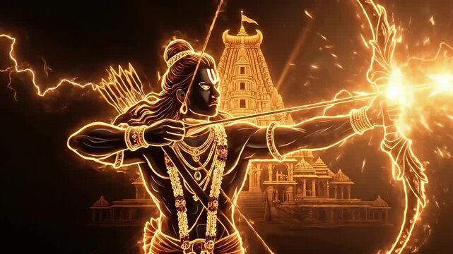 Divine lord Rama silhouette aiming sacred bow before glowing temple aura celebrating Hanuman Jayanti hindu devotion spiritual festival animated motion video footage