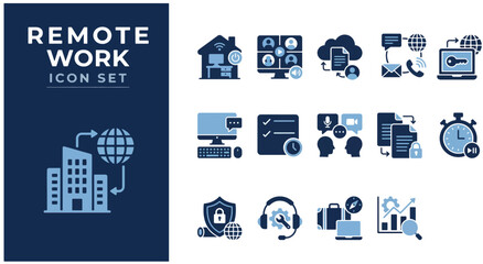 Creative icon set illustrating various aspects of remote work and digital lifestyle Vector