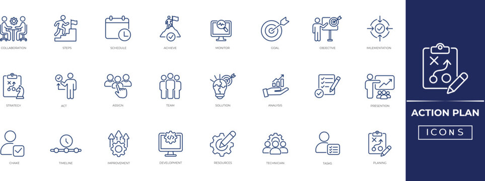 Action plan icon set for business strategy, Goal, Achieve, Strategy, analysis, Monitor, resource, task management, goal tracking, and execution workflows. Outline icon collection.
