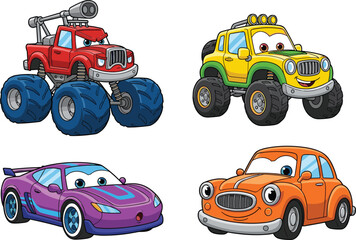 Set of cute cartoon monster trucks and colorful toy cars characters with expressive eyes isolated on white background © OMAR Creations