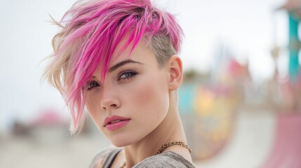 Fototapeta premium Young Caucasian woman in her 20s with fair skin poses with a bright pink mohawk haircut. She wears a grey shirt and gold chain necklace outdoors.