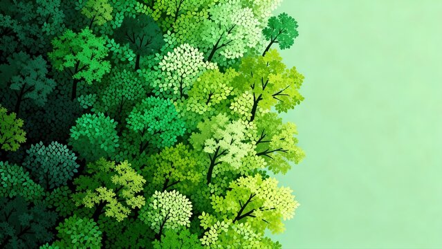 Aerial view of a dense green forest with varied tree canopies against a light green background