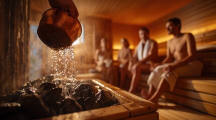 Water pours from a copper ladle onto hot stones in a sauna while Caucasian young adult men and women with fair skin relax in the warm wooden room.