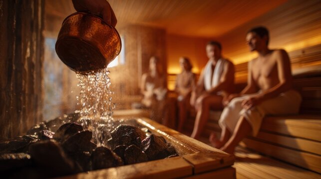 Water pours from a copper ladle onto hot stones in a sauna while Caucasian young adult men and women with fair skin relax in the warm wooden room.
