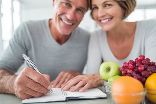 A middle-aged Caucasian man with fair skin writes in a notebook while sitting with his smiling wife. They plan a healthy diet using fresh fruit.