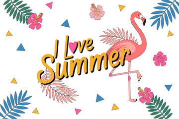 Obraz premium A colorful illustration of a flamingo with tropical leaves and flowers saying I love summer