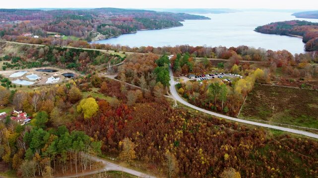 Aerial drone view of Fjaras Bracka Naturum nature centre area in Sweden showing autumn forest, winding road, ridge landscape and nearby lake in scenic natural environment