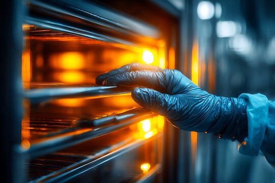 Gloved hand working with industrial oven shelves