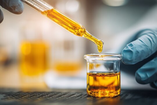 Scientist dropping yellow liquid into beaker in lab