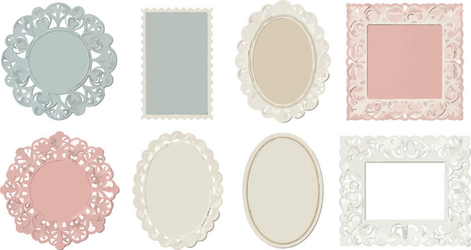 Set of 8 Vintage Lace Frames and Doilies Vector Collection in Pastel Blue, Pink, Beige, and White for Elegant Design Elements