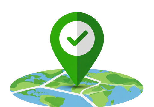 A green map pin with a check mark on a world map