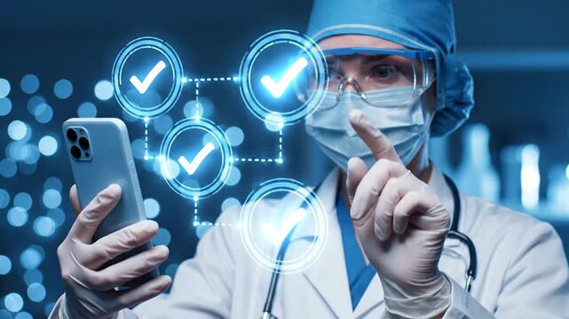 A doctor in a surgical mask and cap interacts with a smartphone displaying medical checkmarks in a futuristic laboratory setting.
