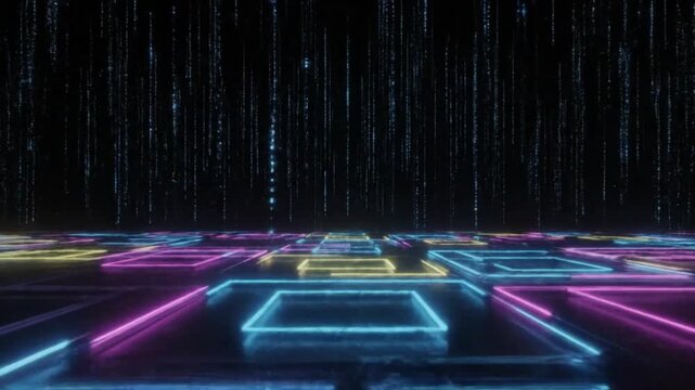 futuristic digital cosmos glowing geometric plane composed of neon magenta cyan lime green yellow grids reflective surface guiding view toward vertical waterfall of luminous pixel data deep black univ