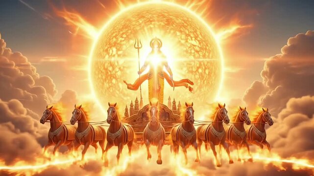 Surya Dev divine sun god riding sacred chariot with seven horses in blazing sky hindu mythology spiritual festival scene cinematic animated motion background video footage