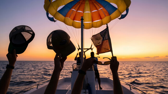 People cheering as friends parasail across the open ocean during golden hour