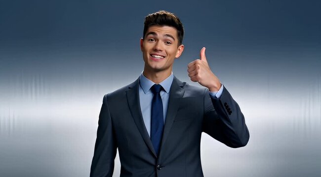 Enthusiastic young businessman in a suit gives a thumbsup gesture with a smile