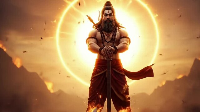 Sacred warrior holding divine axe before blazing sun halo during Parshuram Jayanti powerful hindu mythology spiritual festival cinematic scene animated motion background video