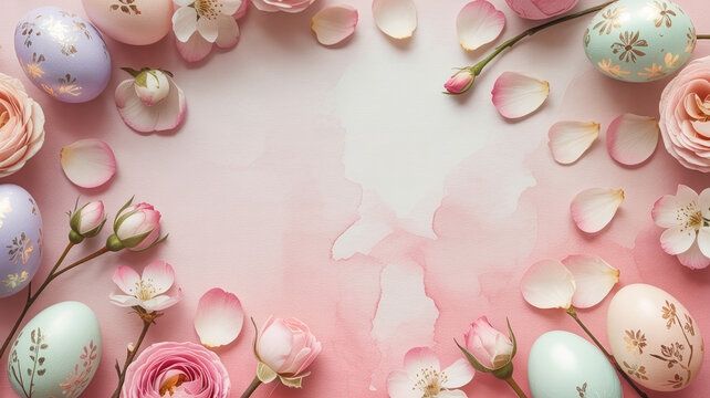 Description (до 190 characters):
Pastel frame with Easter eggs and pink flowers on soft background, concept of spring celebration, festive decoration and holiday greeting design.