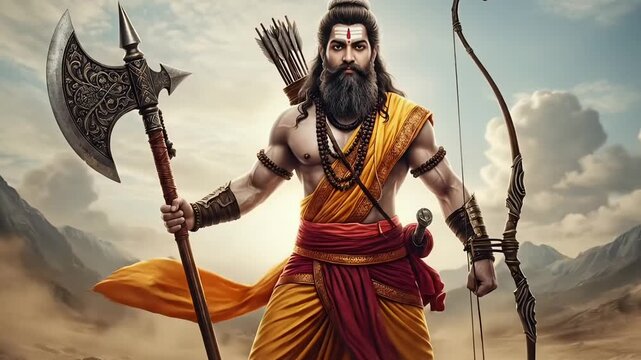 Divine warrior sage with axe and bow standing in sacred mountains during Parshuram Jayanti powerful hindu mythology scene cinematic animated motion video spiritual festival footage