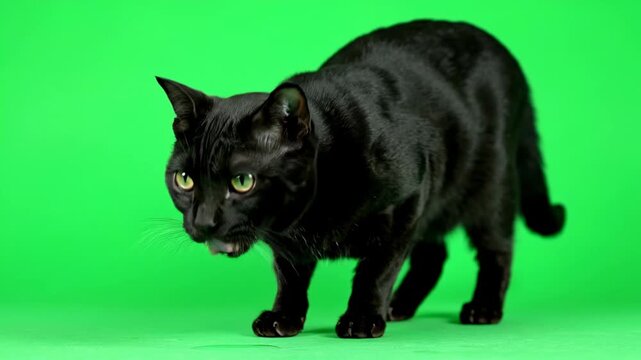 A thirsty black cat lapping up invisible water gracefully on a green screen cute, chroma key, cat drinking