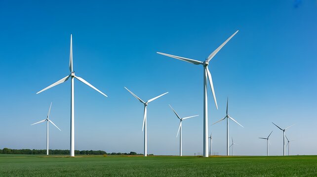 Wind turbines in a green field on a sunny day