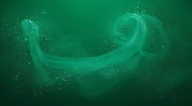 Abstract green liquid swirling with shimmering particles suggestive of deep ocean currents