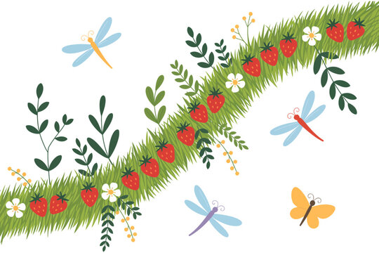 A strawberry border illustration with dragonflies and butterflies on a white background