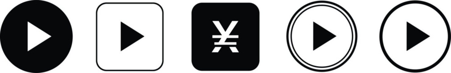 Obraz premium Set of minimalist black and white play button icons and yen currency symbol for multimedia interface, video player