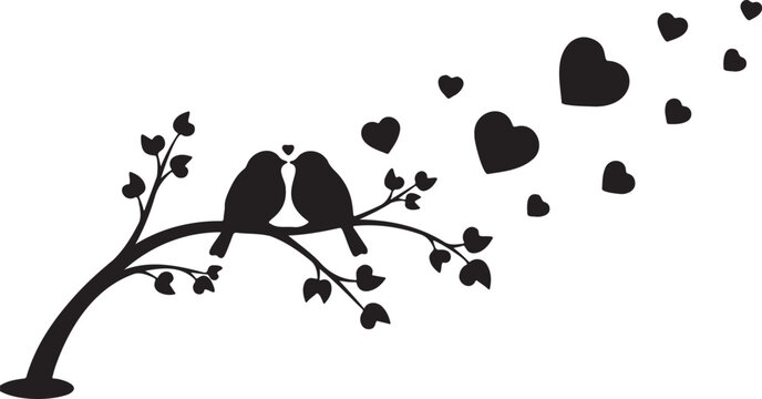 Romantic black silhouette vector illustration of two love birds perched on a tree branch with flying hearts, perfect for wedding invitations, Valentine's Day designs, or decorative wall decals.