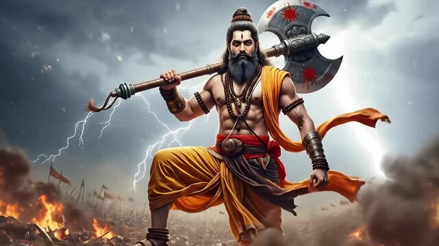 Legendary warrior with sacred axe standing on battlefield during Parshuram Jayanti hindu mythology divine festival scene dramatic sky animated motion background video footage