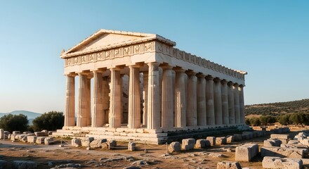 Fototapeta premium Ancient Greek Temple Ruins with Columns Standing Tall in a Serene Landscape View