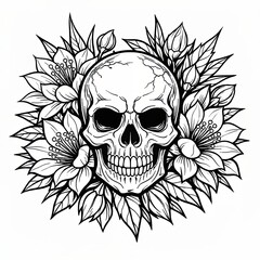Obraz premium Intricate black and white illustration of a human skull framed by blooming flowers and leaves, blending dark gothic style with delicate botanical detail for tattoos or posters.