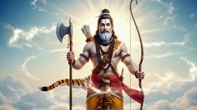 Divine warrior sage with bow and sacred axe appearing in heavenly sky during Parshuram Jayanti hindu mythology spiritual celebration animated motion background video footage