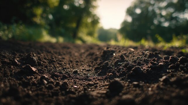 Rich loamy soil with visible tiny roots and organic matter, a close-up view of fertile ground