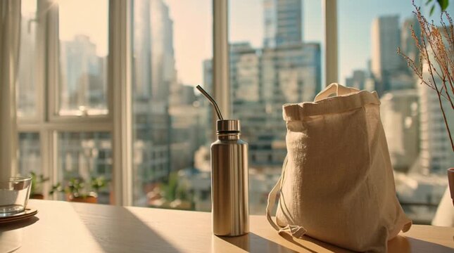 Reusable Water Bottle and Canvas Bag in Modern City Apartment