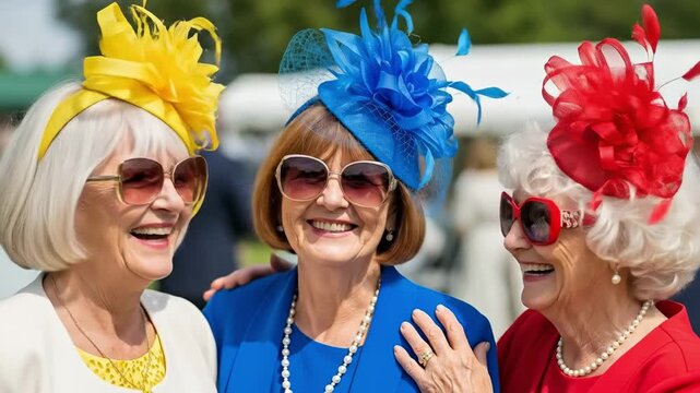 Three happy senior women in colorful fascinators and sunglasses laughing at a garden party