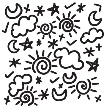 Decorative doodles. Hand drawn pointing arrow, outline shapes and doodle frames. Ink signs decoration ornament, line curved arrow, heart and circle sketch vector illustration symbols set in eps 10.